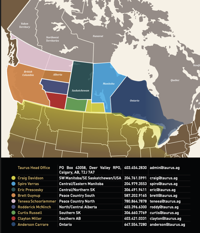 Taurus sales territories across Western Canada and Ontario